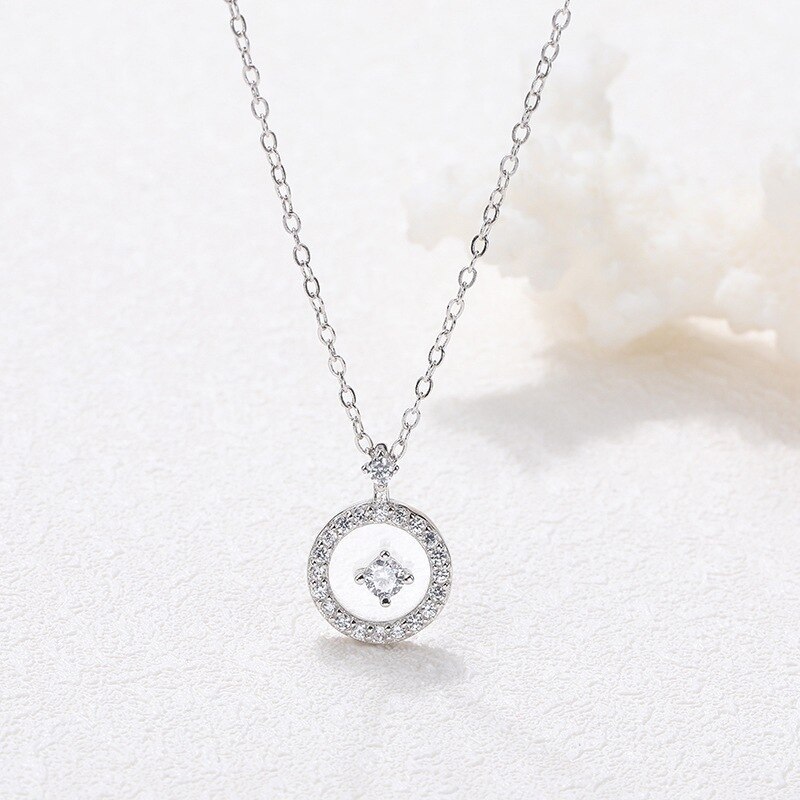 S925 Sterling Silver Ornament Korean Style All-Match Circle Pendant Zircon Necklace Women's Accessories Silver Jewelry