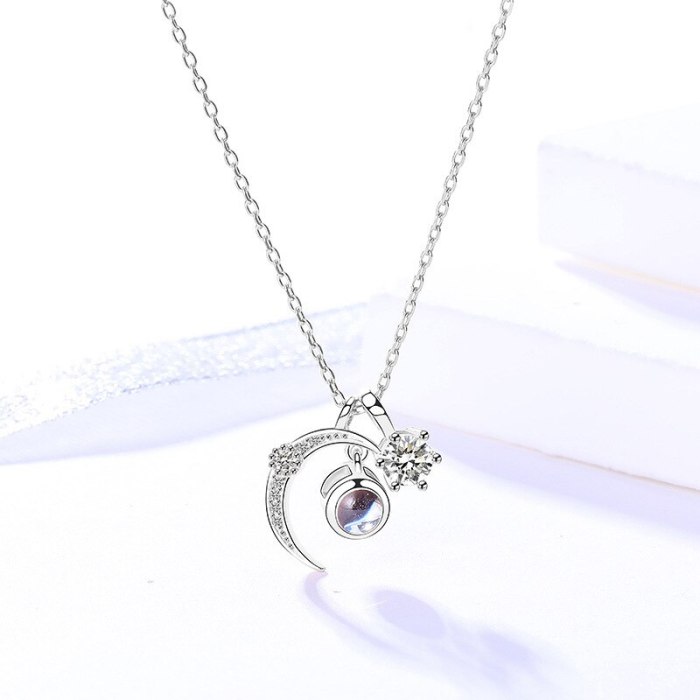S92 Sterling Silver Ornament Female Special-Interest Design Necklace 100 Languages Color Projection Necklace