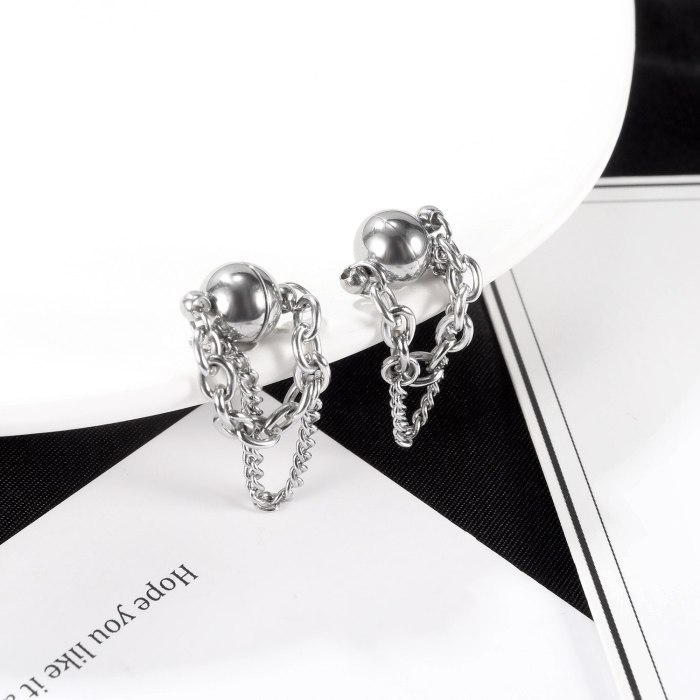 Ornament Korean New Simple Geometric Double-Layer Chain Ear Clip Stainless Steel Inlaid Zircon Earrings