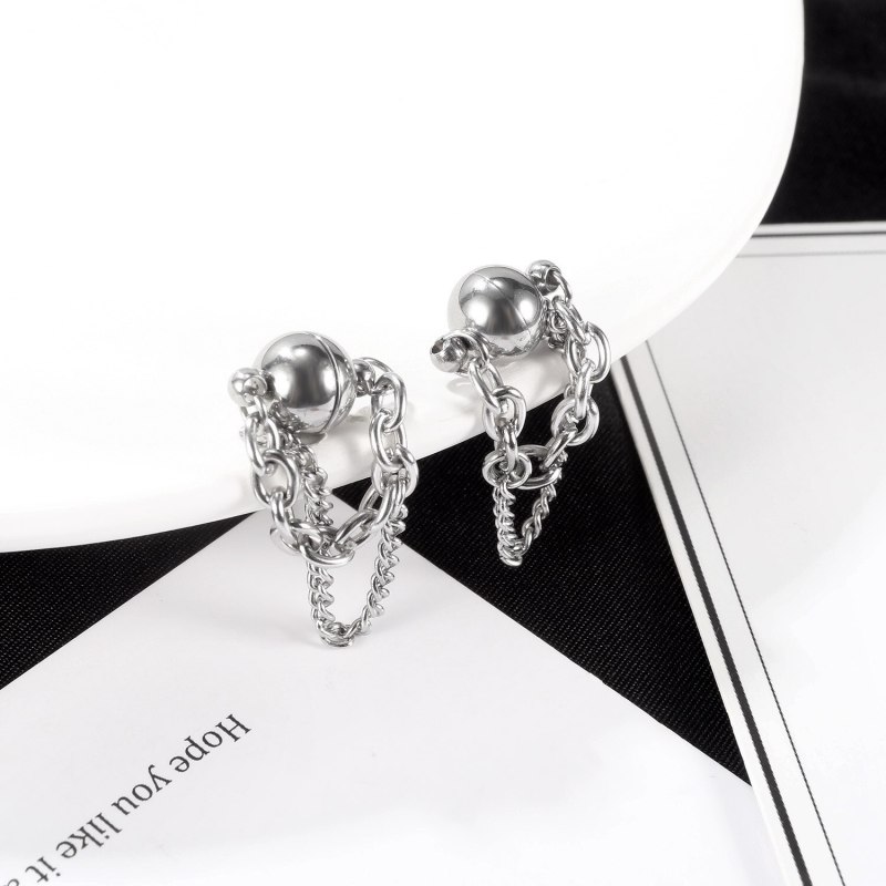 Ornament Korean New Simple Geometric Double-Layer Chain Ear Clip Stainless Steel Inlaid Zircon Earrings