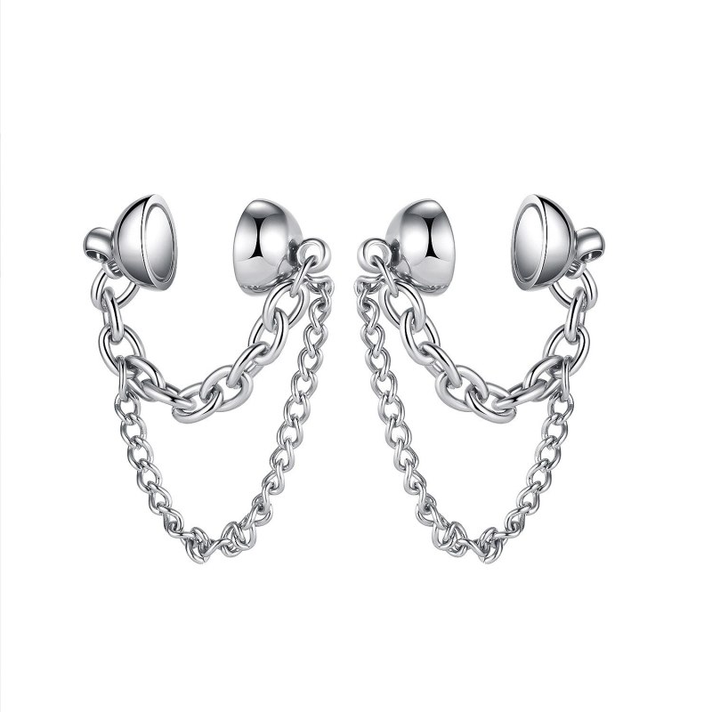 Ornament Korean New Simple Geometric Double-Layer Chain Ear Clip Stainless Steel Inlaid Zircon Earrings