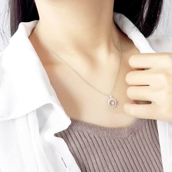 S925 Sterling Silver Ornament Korean Style All-Match Circle Pendant Zircon Necklace Women's Accessories Silver Jewelry