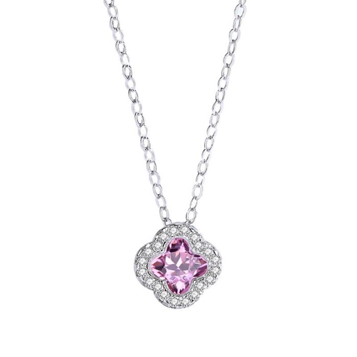 Four-Leaf Flower Pink Zircon Pendant S925 Sterling Silver Light Luxury Clavicle Chain Female Fashion Korean Style Clavicle Chain