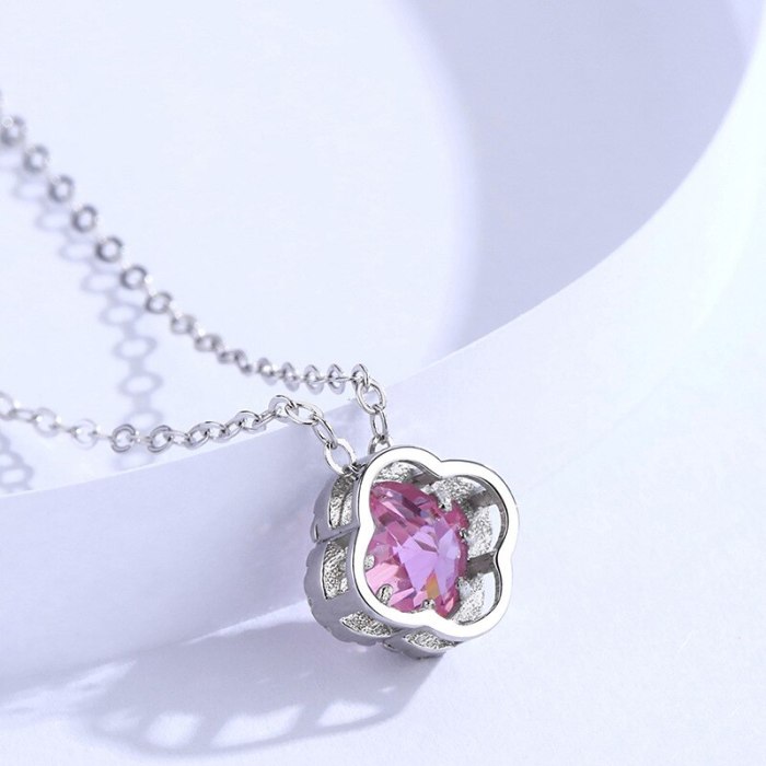 Four-Leaf Flower Pink Zircon Pendant S925 Sterling Silver Light Luxury Clavicle Chain Female Fashion Korean Style Clavicle Chain
