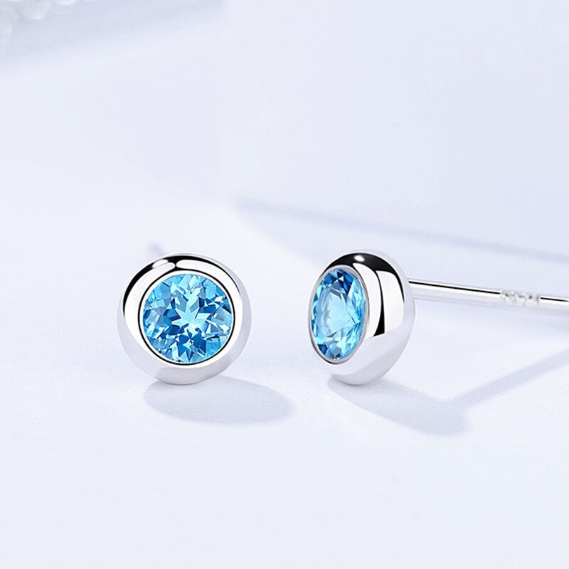 S925 Sterling Silver Earrings for Women Korean Style Fashionable All-Match Blue Zircon round Studs Wholesale