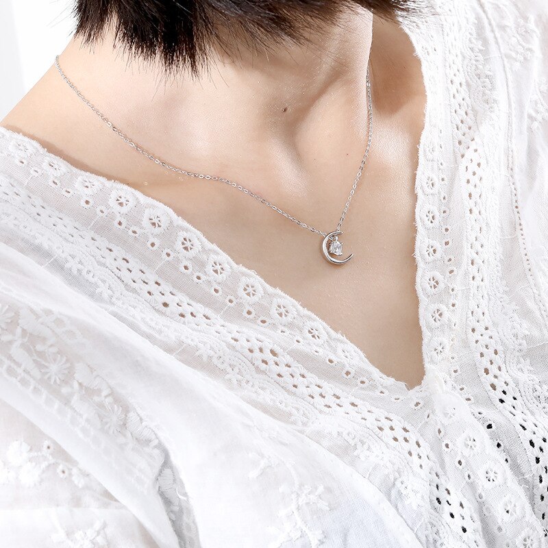 S925 Sterling Silver Ornament Women's Korean-Style Moon Necklace Clavicle Chain Inlaid Zircon Necklace Trendy Accessories