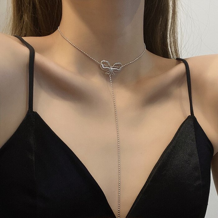 INS Trendy Korean Style New Personalized Fashion Design Bow Long Tassel Necklace Simple Graceful Clavicle Chain