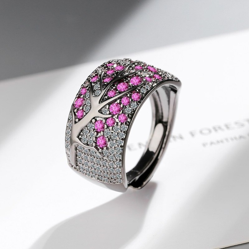 Cross-Border Full Zirconium Diamond Plum Blossom Twigs Ring European and American Fashion Black Gold Open Ring