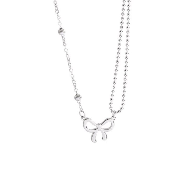 INS Trendy Korean Design Asymmetric Bow Titanium Steel Necklace Female Graceful and Fashionable Clavicle Chain