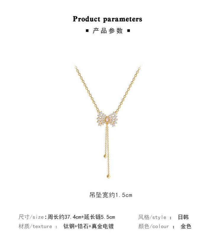 Bow Long Tassel Titanium Steel Necklace Sense Super Flash Zircon Pendant Internet Celebrity Same Style Clavicle Chain
