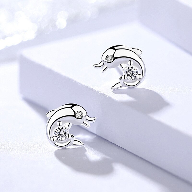 S925 Sterling Silver Dolphin Ear Studs Women's Cute Cartoon Minimalist Micro-Inlaid Ocean Animal Earrings Earrings