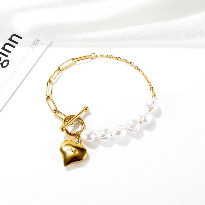 Ornament Korean Ins Love Special-Interest Design Stitching Pearl Bracelet Stainless Steel OT Buckle Bracelet