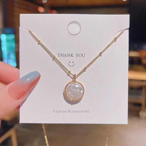 Korean Style Sense of Design Pearl and Circle Pendant Titanium Steel Necklace Net Red Same Style Temperament Clavicle Chain