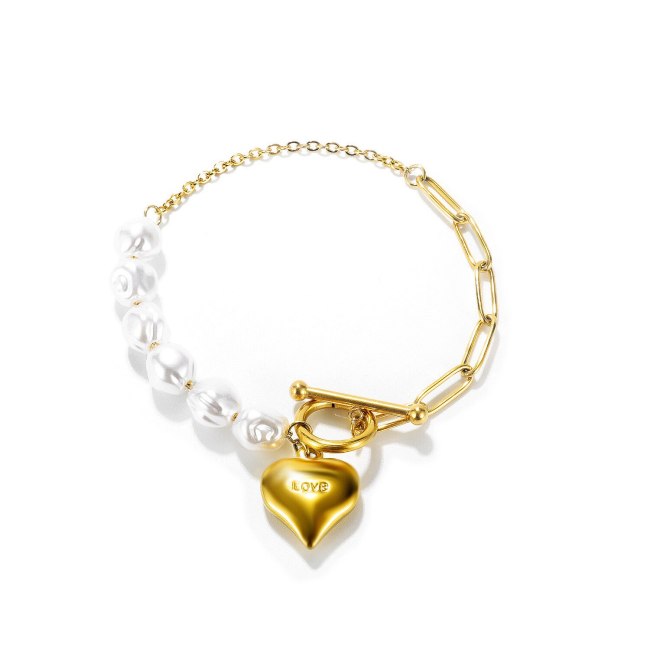 Ornament Korean Ins Love Special-Interest Design Stitching Pearl Bracelet Stainless Steel OT Buckle Bracelet