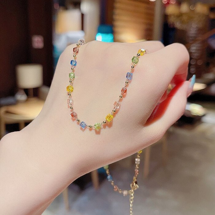 Korean Style New Colorful Crystal Necklace Women's Two-Piece Bracelet Gift Simple Fashion Jewelry