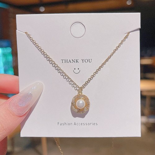 Micro Inlaid Circle and Pearl Pendant Titanium Steel Necklace Female Ins Popular Net Red Same Fashion Design Clavicle Chain
