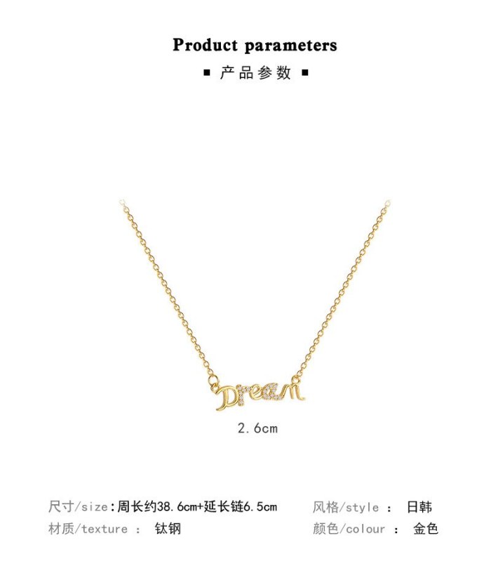 INS Trendy Micro Inlaid Zircon Dream Letter Tag Titanium Steel Necklace Female Temperament Personality Clavicle Chain Jewelry