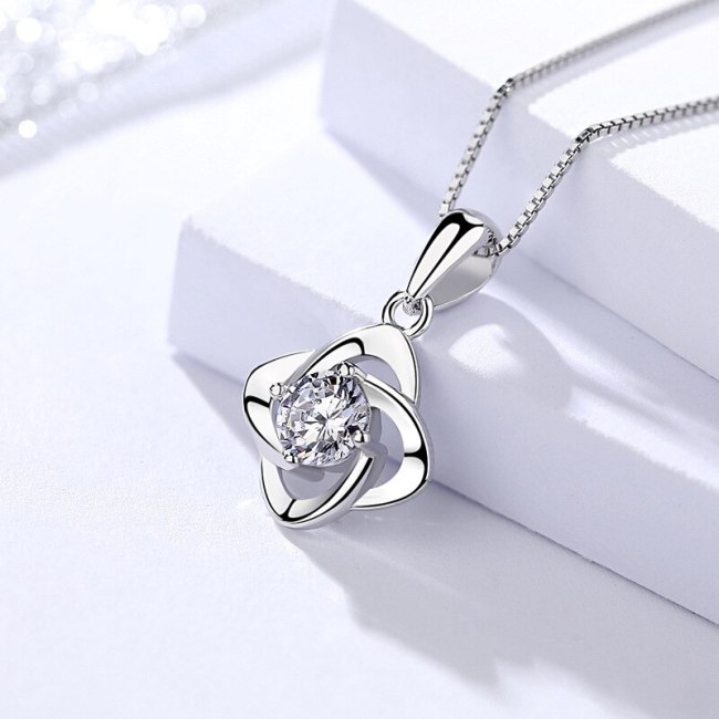 S925 Sterling Silver Clover Necklace Pendant Women's Silver Jewelry Korean Style Zircon Necklace