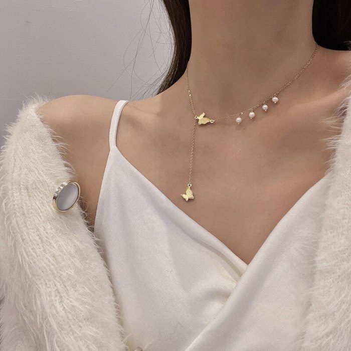 New Elegant Titanium Steel Micro-Inlaid Butterfly Necklace Pearl Chain Design Sense Internet Celebrity Same Style Clavicle Chain