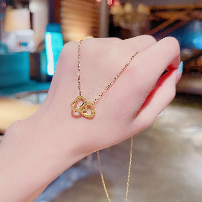 Korean Style New Double Ring Love Titanium Steel Necklace for Women Summer Simple Personality Temperament Clavicle Chain Pendant