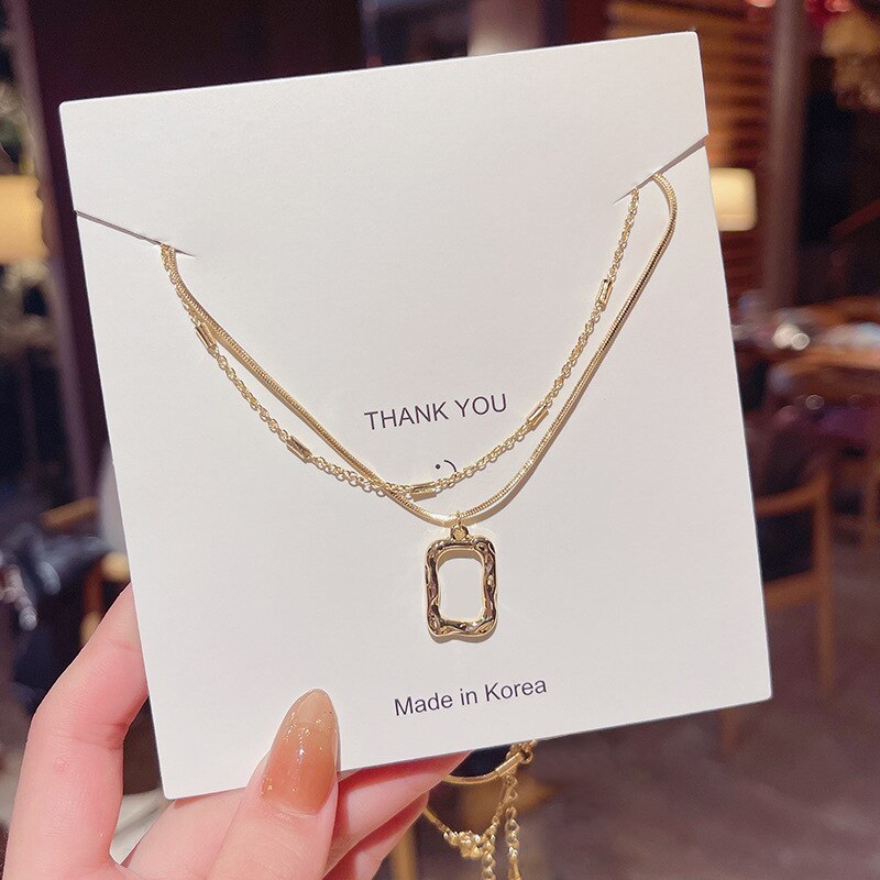 2021 New Fashionable Simple Double-Layer Necklace for Women Twin Simple Square Pendant Clavicle Chain Jewelry