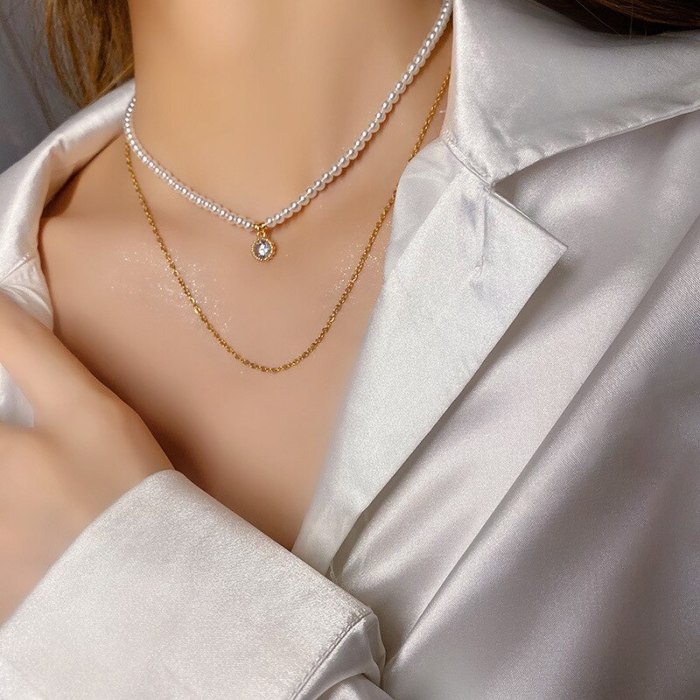 Double-Layer Titanium Steel Pearl Necklace Zircon Pendant Niche Temperament Internet Celebrity Same Style Clavicle Chain