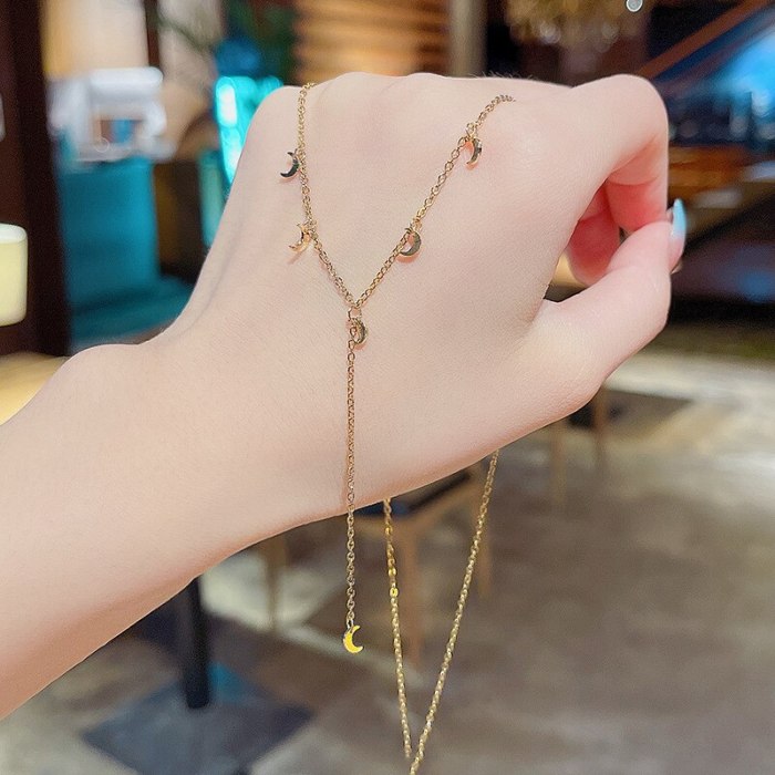 Titanium Steel Necklace for Women Ins Trendy Long Tassel Moon Pendant Clavicle Chain Elegant Personality Simple Necklace