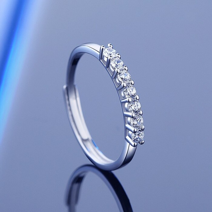 Cross-Border Hot 925 Sterling Silver Moissanite Ring Women's Ins Simple Open Mouth Seven Diamond Stackable Ring Valentine's Day