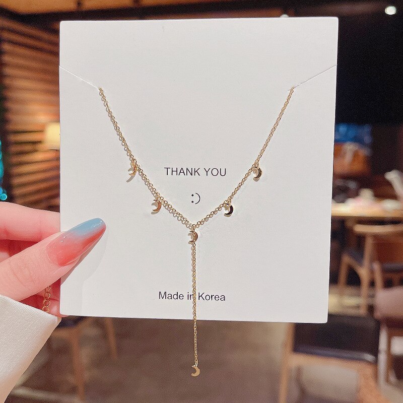 Titanium Steel Necklace for Women Ins Trendy Long Tassel Moon Pendant Clavicle Chain Elegant Personality Simple Necklace