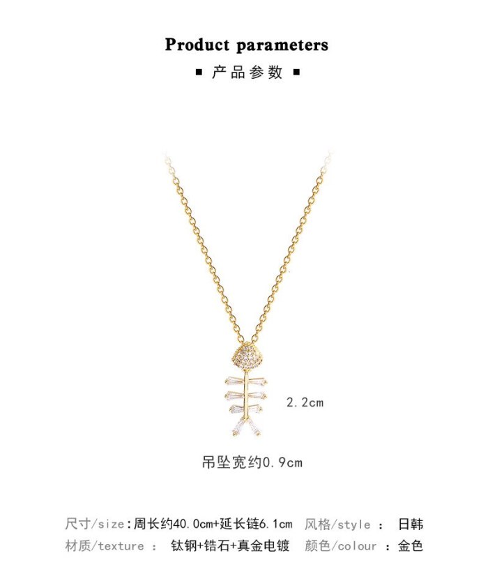 Super Flash Zircon Fishbone Pendant Titanium Steel Necklace Female Ins Trendy Geometric Simple Temperament Clavicle Chain