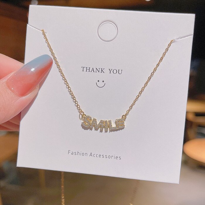 2021 New Personalized Letter Smile Titanium Steel Necklace Women's Micro-Inlaid Super Flash Simple Clavicle Chain Wholesale