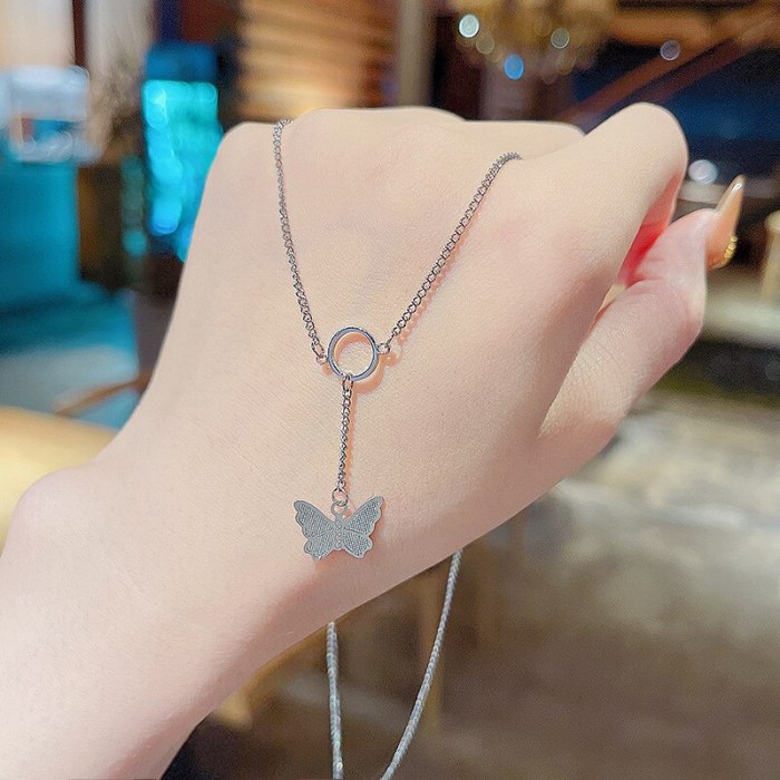 INS Design Silver Butterfly Tassel Clavicle Chain Simple Graceful Fashion Special-Interest Titanium Steel Necklace