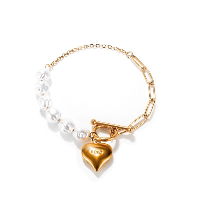 Ornament Korean Ins Love Special-Interest Design Stitching Pearl Bracelet Stainless Steel OT Buckle Bracelet