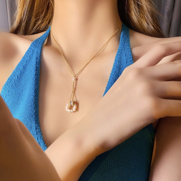 Korean New Fashionable Pearl Long Tassel Titanium Steel Necklace Women's Geometric Design Sense Temperament Clavicle Chain