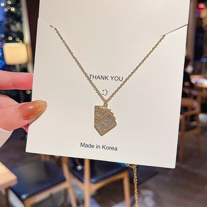 Korean Personality Full Diamond Playing Card Pendant Necklace Female Ins Elegant Fashion Titanium Steel Clavicle Chain Jewelry
