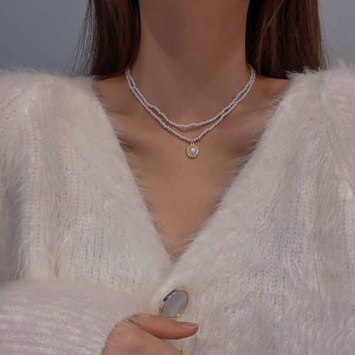 2021 New French Retro Pearl Necklace Female Personality Disc Pendant Fashion Temperament Double-Layer Clavicle Chain Jewelry