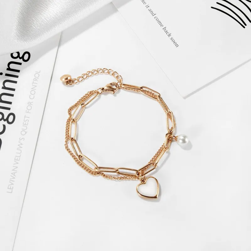 Ornament Online Celebrity Personality Double Layer Temperament Wild Peach Heart Pearl Stainless Steel Bracelet 1160