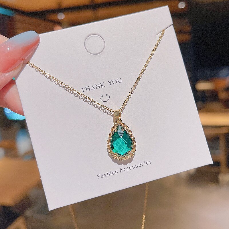2021 New National Style Emerald Design Pendant Titanium Steel Necklace Female Ins Popular Net Red Same Style Clavicle Chain