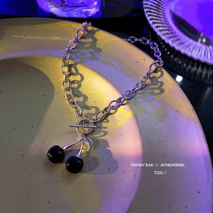 Korean Style Black Cherry Pendant Clavicle Chain Ins Trendy Personality Temperament Necklace for Women