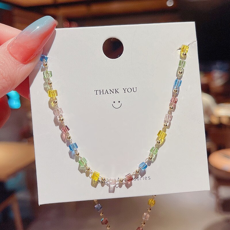 Korean Style New Colorful Crystal Necklace Women's Two-Piece Bracelet Gift Simple Fashion Jewelry
