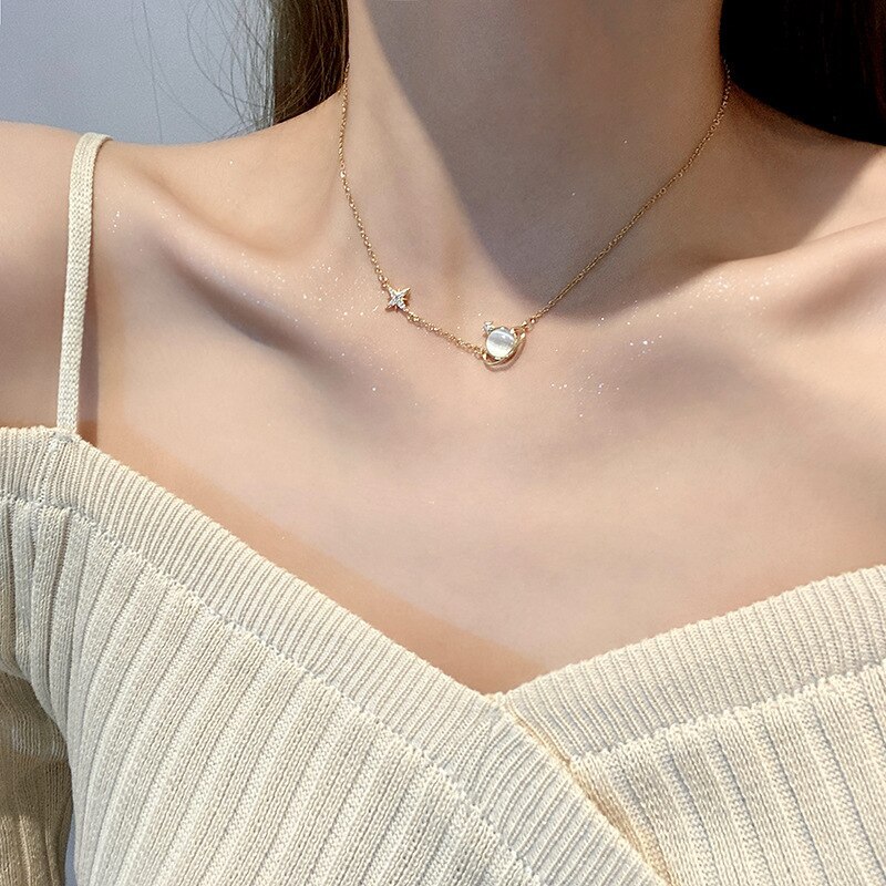 2021new Korean Style Super Flash Opal Earth Pendant Titanium Steel Necklace for Women Ins Internet Celebrity Same Clavicle Chain