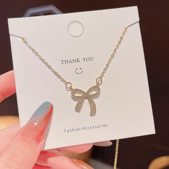 INS Trendy Geometric Bow Super Shiny Diamond Pendant Necklace Women's New Simple Graceful Clavicle Chain