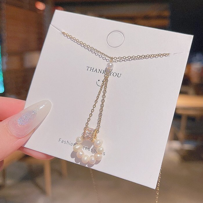 Korean New Fashionable Pearl Long Tassel Titanium Steel Necklace Women's Geometric Design Sense Temperament Clavicle Chain