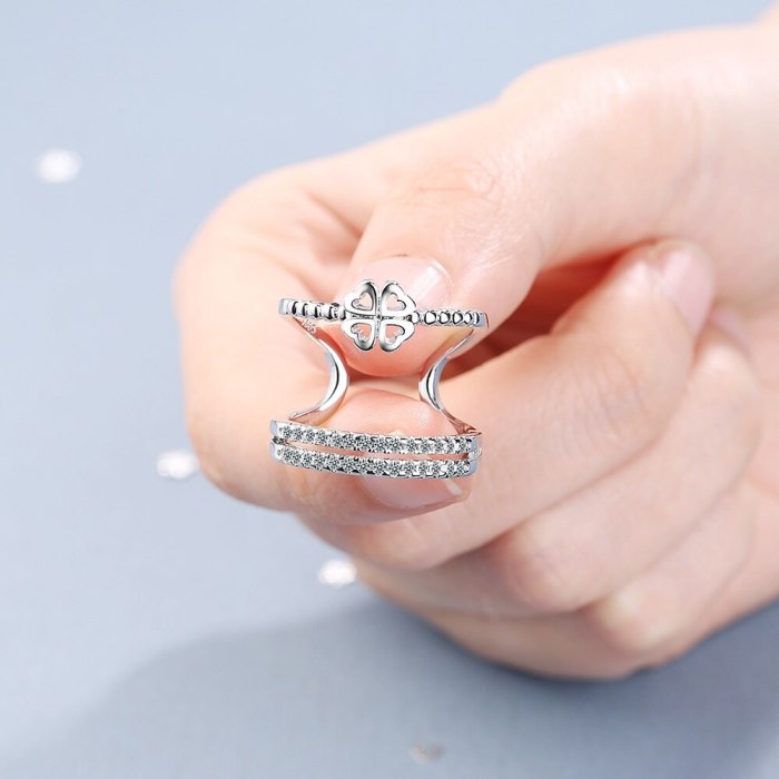 Ring Female Europe and America Artistic Fresh Double Layer Flower Zircon Inlaid Diamond Open Ring Temperament Forefinger Ring