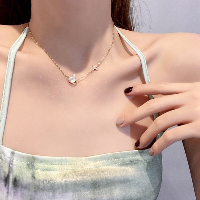 2021new Korean Style Super Flash Opal Earth Pendant Titanium Steel Necklace for Women Ins Internet Celebrity Same Clavicle Chain