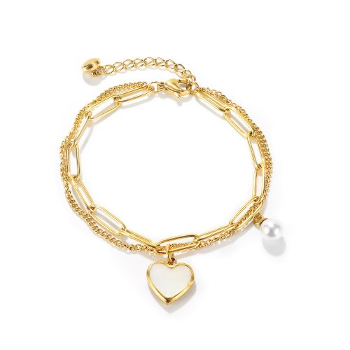Ornament Online Celebrity Personality Double Layer Temperament Wild Peach Heart Pearl Stainless Steel Bracelet 1160