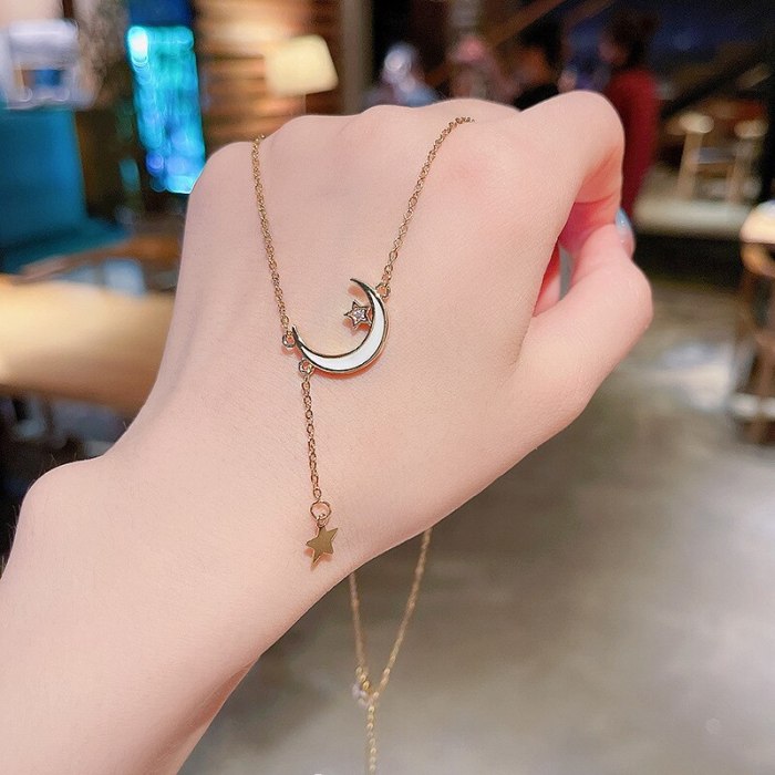 INS Trendy Korean Style Star Moon Tassel Titanium Steel Necklace Female Personality Fashion Clavicle Chain Wholesale