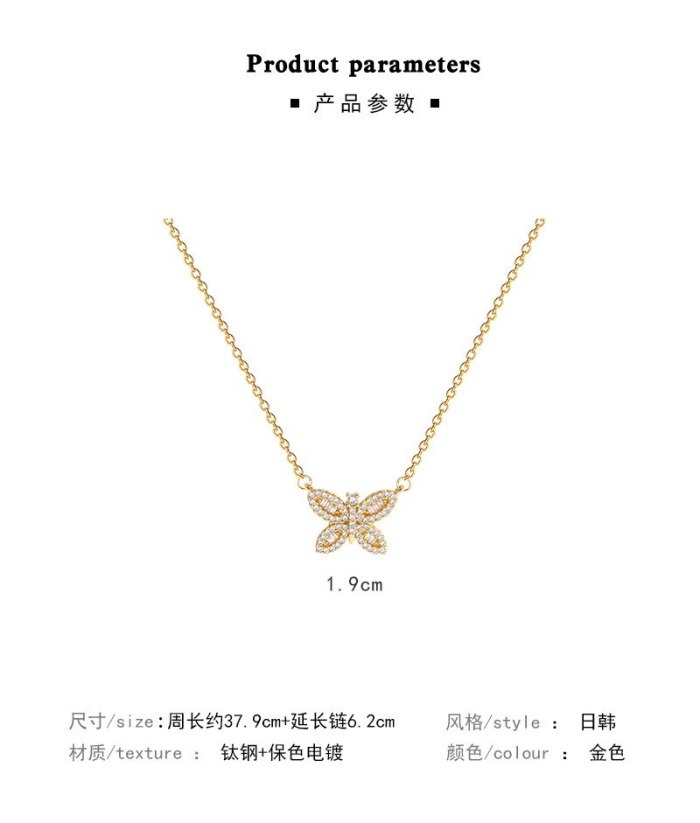 Micro Inlaid Zircon Butterfly Necklace Female Ins Popular Net Red Same Titanium Steel Graceful and Fashionable Clavicle Chain