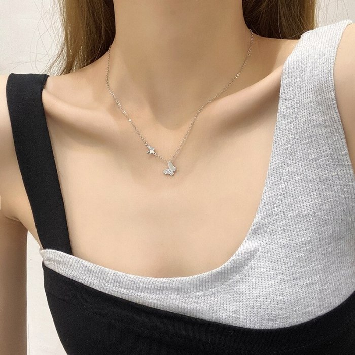 Korean Style Micro Inlaid Butterfly Pendant Titanium Steel Necklace for Women Ins Super Flash Simple Temperament Clavicle Chain