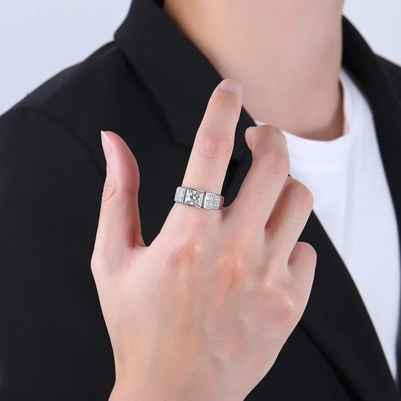 925 Sterling Silver 1 Karat Moissanite Starry Boys Ring Ins Wide Face White Gold Color Open Ring